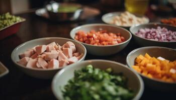 sano almuerzo plato con Fresco carne, verduras, y gastrónomo ensalada generado por ai foto