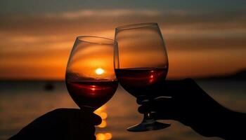 un romántico Pareja disfruta un celebración brindis a puesta de sol playa generado por ai foto