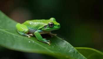 Red eyed tree frog watching, sitting on wet leaf in forest generated by AI photo