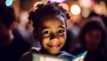 African American child smiles joyfully, surrounded by loving family outdoors generated by AI photo