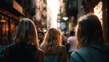 un alegre grupo de joven adultos caminando a un bar generado por ai foto