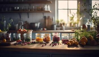 Fresh berry bowl on rustic wooden table, perfect summer snack generated by AI photo