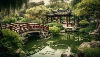 Tranquil scene of ancient pagoda in formal garden surrounded by nature generated by AI photo