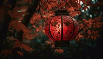 Ornate paper lanterns illuminate traditional Chinese celebration in nature backdrop generated by AI photo