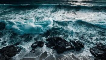 Breaking waves crash against rocky coastline, creating abstract beauty in nature generated by AI photo