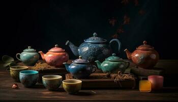 Antique teapot on rustic table, a hot drink tradition generated by AI photo