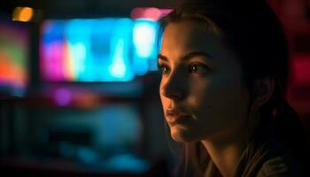 Lonely young woman contemplates city life, illuminated by street light generated by AI photo