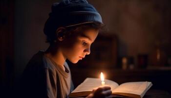 el colegial, sonriente, lee el Biblia por luz de una vela con alegría generado por ai foto