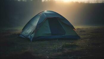 Tranquil dome tent in mountain meadow, perfect summer camping adventure generated by AI photo
