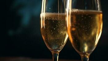 A luxurious celebration event with champagne flutes and wine bottles generated by AI photo