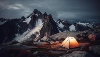 Hiking through the majestic mountain range, camping under starry skies generated by AI photo