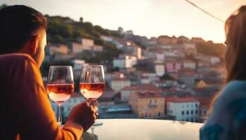 Romantic couple enjoys wine on rooftop, overlooking city skyline at dusk generated by AI photo
