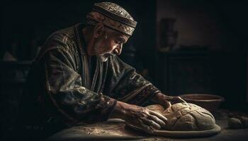 One man, a senior sculptor, skillfully crafts homemade pottery generated by AI photo