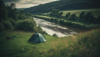 Solitude in wilderness area, backpack and dome tent for relaxation generated by AI photo