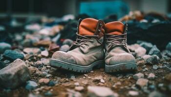 Old fashioned leather hiking boots endure rough outdoor adventures in autumn generated by AI photo