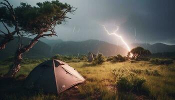 Camping in the wilderness, surrounded by mountains and forest generated by AI photo