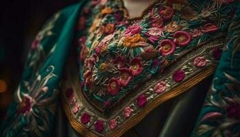 Ornate silk sari showcases traditional Indian elegance and embroidery beauty generated by AI photo