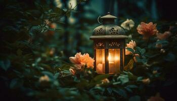 Glowing lantern illuminates nature dark, adorned with antique decor generated by AI photo
