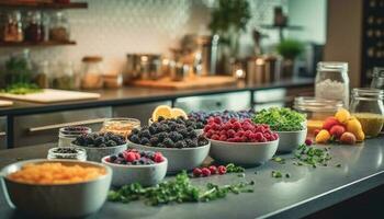 A healthy fruit bowl with raspberry, blueberry, and strawberry variation generated by AI photo