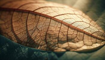 Vibrant autumn leaf vein pattern on old tree branch backdrop generated by AI photo