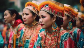 Colorful traditional festival celebrates indigenous cultures with dancing and elegance generated by AI photo