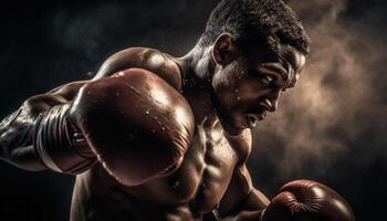 Muscular African athlete shows determination in competitive kickboxing match indoors generated by AI photo