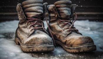 Old fashioned leather hiking boot endures muddy outdoor adventure on rough terrain generated by AI photo