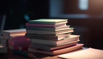 Stacks of textbooks and papers fill the library shelves indoors generated by AI photo