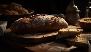 A rustic, homemade baguette on a dark wooden table generated by AI photo