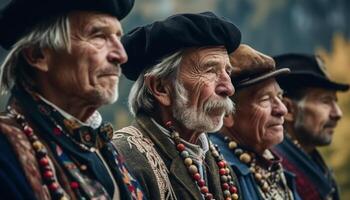 sonriente personas mayores celebrar tradicional festival en rural escena con naturaleza generado por ai foto