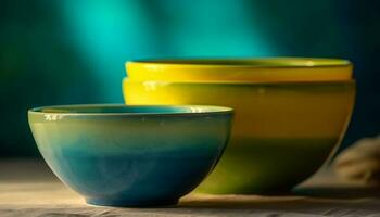 loza de barro cerámica apilar en verde cocina, selectivo atención en primer plano generado por ai foto