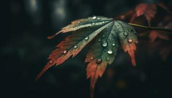 Vibrant autumn colors reflect in dew drops on leaf veins generated by AI photo