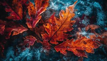 Vibrant maple leaf falls in autumn, creating beautiful grunge backdrop generated by AI photo