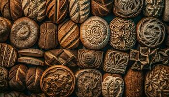 Rustic wooden patterned souvenir collection showcases ancient indigenous cultures' history generated by AI photo