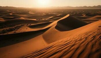 Rippled sand dunes create a majestic wave pattern at sunset generated by AI photo