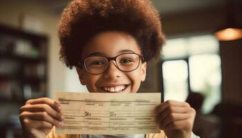 The cheerful schoolgirl, holding a book, is studying indoors generated by AI photo