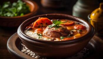 un rústico plato de cocido a fuego lento Cerdo estofado con Fresco vegetales generado por ai foto