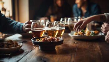 un grupo de amigos disfrutando un comida y bebidas juntos generado por ai foto