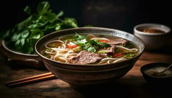 A gourmet bowl of healthy noodle soup with fresh cilantro generated by AI photo