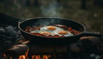 Grilled pork and fried egg on rustic cast iron frying pan generated by AI photo