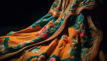 indígena arte producto vitrinas vibrante tejido lana modelo en pareo de malasia generado por ai foto