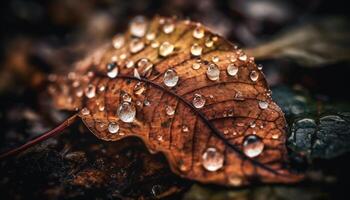 Vibrant autumn leaf with dew drop reflects clean, shiny sunlight generated by AI photo