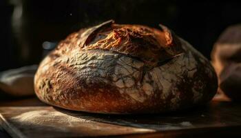 recién horneado de masa fermentada un pan en rústico de madera corte tablero generado por ai foto