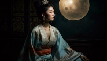 One woman elegance in traditional clothing exudes sensuality and mystery generated by AI photo