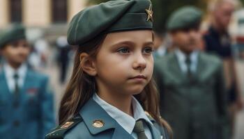 sonriente niño en militar uniforme gorra, mirando a cámara con confianza generado por ai foto