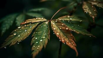 Fresh dew drops on vibrant green leaf, nature beauty revealed generated by AI photo