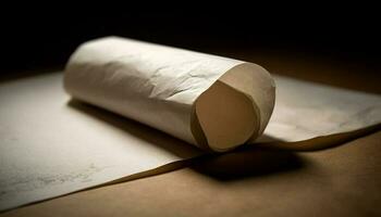 Antique parchment scroll rolled up, blank Still life studio shot generated by AI photo