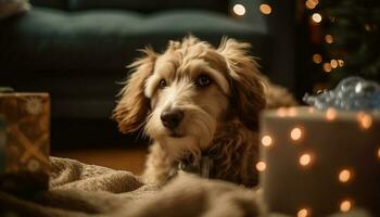 A cute purebred terrier sits comfortably by the Christmas tree generated by AI photo