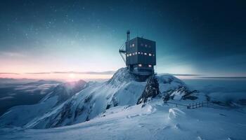 transporte industria prospera en tranquilo Nevado montaña paisaje a oscuridad generado por ai foto