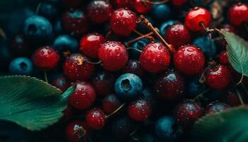 Juicy blueberries and raspberries on a wooden table, refreshing snack generated by AI photo